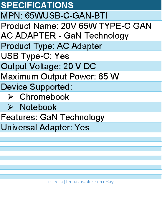 BTI 65WUSB-C-GAN-BTI 20V 65W TYPE-C GAN AC ADAPTER - GaN Technology