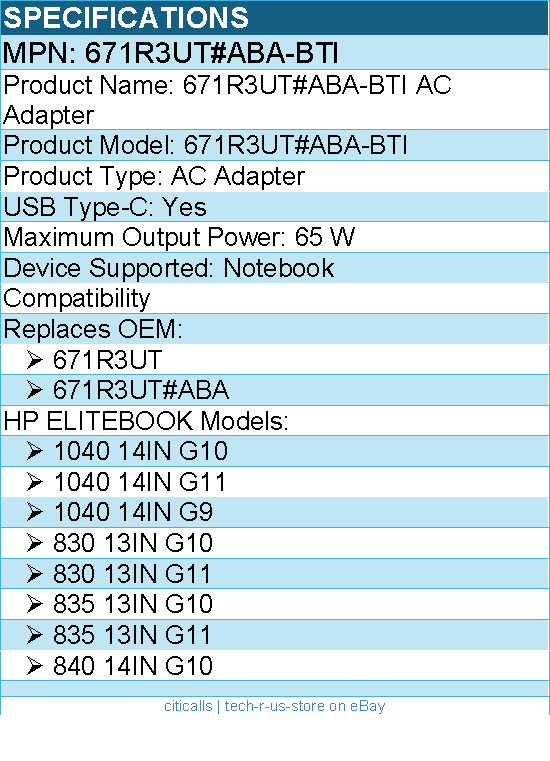 BTI 671R3UT#ABA-BTI 65W TYPE-C AC ADAPTER FOR ELITEBOOK 1040 14IN G10