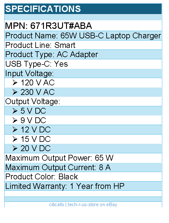 HP 671R3UT#ABA 65W USB-C Laptop Charger -  120 V AC, 230 V AC Input