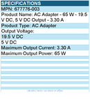 HPI 677776-003 AC Adapter - 65 W - 19.5 V DC, 5 V DC Output - 3.30 A