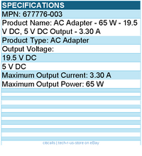 HPI 677776-003 AC Adapter - 65 W - 19.5 V DC, 5 V DC Output - 3.30 A