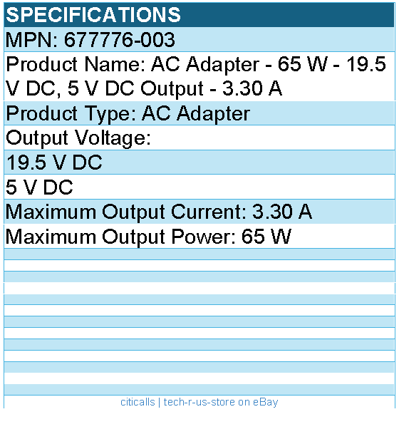 HPI 677776-003 AC Adapter - 65 W - 19.5 V DC, 5 V DC Output - 3.30 A