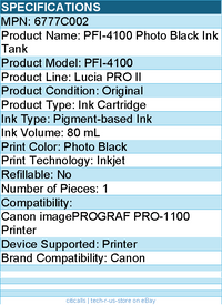 Canon 6777C002 Lucia PRO II PFI-4100 Original Inkjet Ink Cartridge - Photo Black