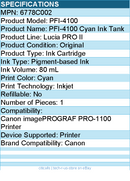 Canon 6778C002 PFI-4100 Cyan Pigment Ink Tank (80mL)