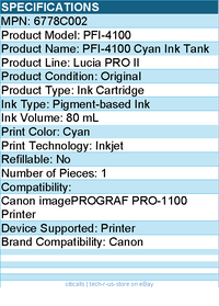 Canon 6778C002 PFI-4100 Cyan Pigment Ink Tank (80mL)