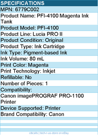 Canon 6779C002 PFI-4100 Magenta Pigment Ink Tank (80mL)