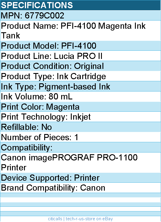 Canon 6779C002 PFI-4100 Magenta Pigment Ink Tank (80mL)