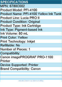 Canon 6780C002 Lucia PRO II PFI-4100 Original Inkjet Ink Cartridge - Yellow