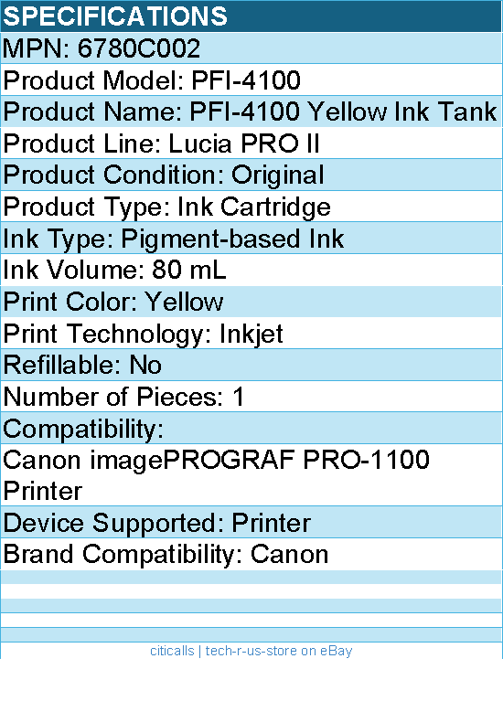 Canon 6780C002 Lucia PRO II PFI-4100 Original Inkjet Ink Cartridge - Yellow