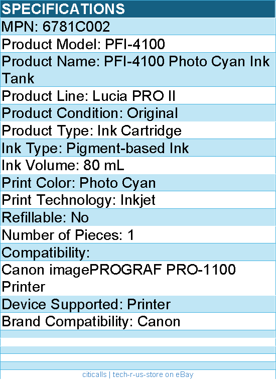 Canon 6781C002 PFI-4100 Photo Cyan Pigment Ink Tank (80mL)