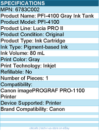 Canon 6783C002 Lucia PRO II PFI-4100 Original Inkjet Ink Cartridge - Gray