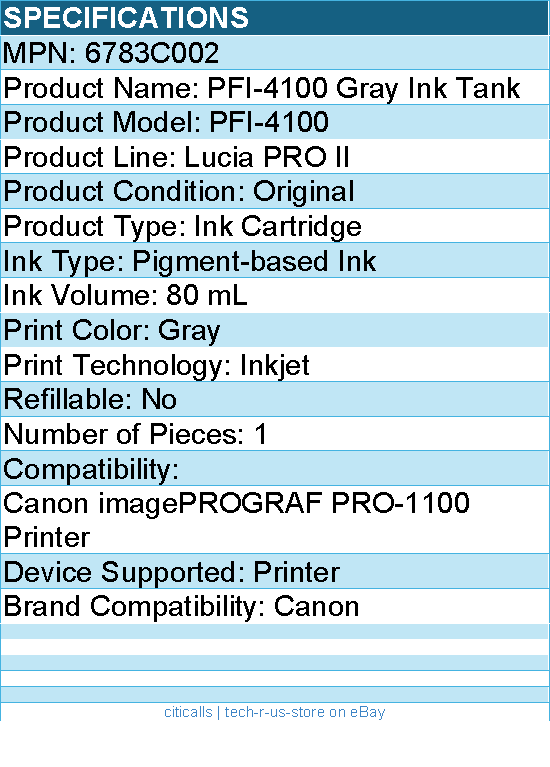 Canon 6783C002 Lucia PRO II PFI-4100 Original Inkjet Ink Cartridge - Gray