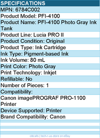 Canon 6784C002 Lucia PRO II PFI-4100 Original Inkjet Ink Cartridge - Gray