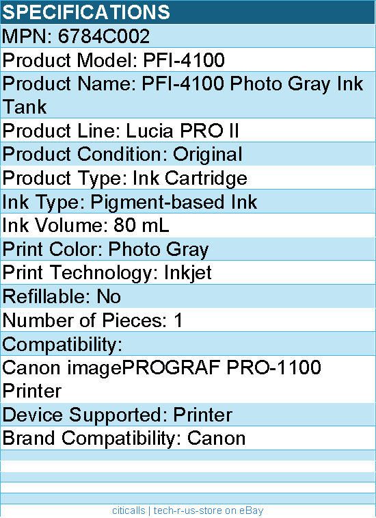 Canon 6784C002 Lucia PRO II PFI-4100 Original Inkjet Ink Cartridge - Gray