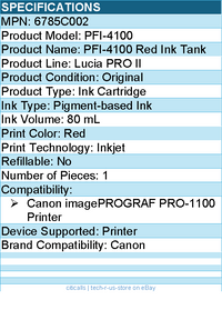Canon 6785C002 PFI-4100 Red Pigment Ink Tank (80mL) - Inkjet