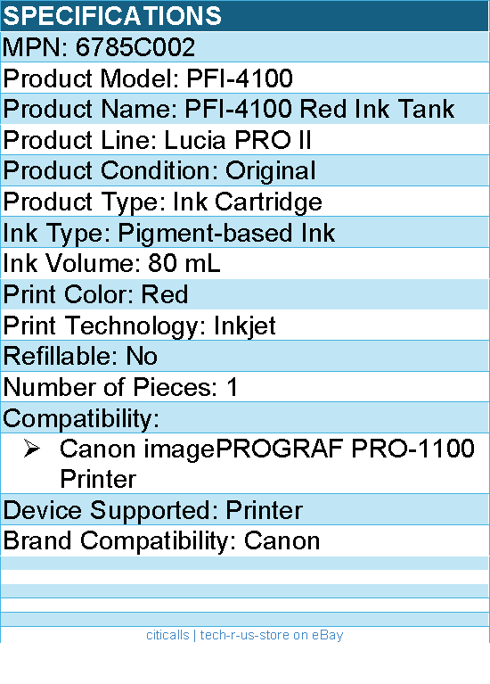 Canon 6785C002 PFI-4100 Red Pigment Ink Tank (80mL) - Inkjet