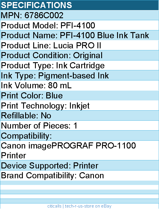 Canon 6786C002 Lucia PRO II PFI-4100 Original Inkjet Ink Cartridge - Blue