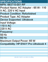 HPI 693715-001-RF AC Adapter - 65 W - 110 V AC, 220 V AC Input