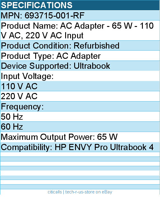 HPI 693715-001-RF AC Adapter - 65 W - 110 V AC, 220 V AC Input