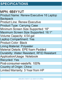 HP 6B8Y1UT Renew Executive Carrying Case (Backpack) for 16" to 16.1" Notebook
