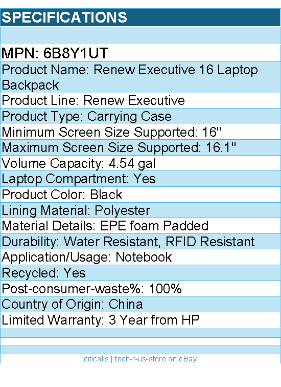 HP 6B8Y1UT Renew Executive Carrying Case (Backpack) for 16" to 16.1" Notebook