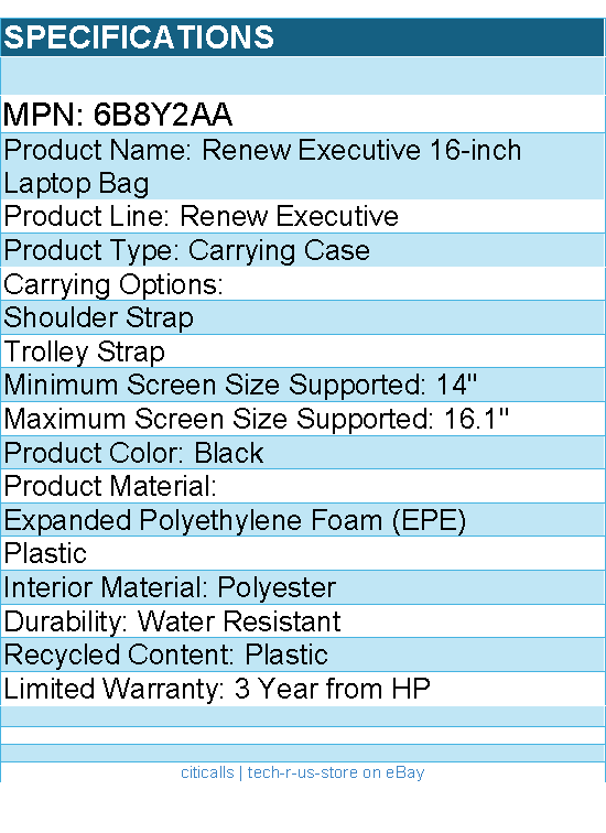 HP 6B8Y2AA Renew Executive Carrying Case for 14" to 16.1" HP Notebook