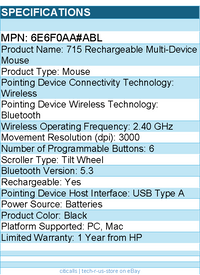 HP 6E6F0AA#ABL 715 Rechargeable Multi-Device Mouse - Wireless - Bluetooth