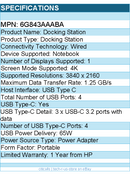 HP 6G843AA#ABA Docking Station - for Notebook - USB Type C -  65W