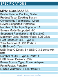 HP 6G843AA#ABA Docking Station - for Notebook - USB Type C -  65W