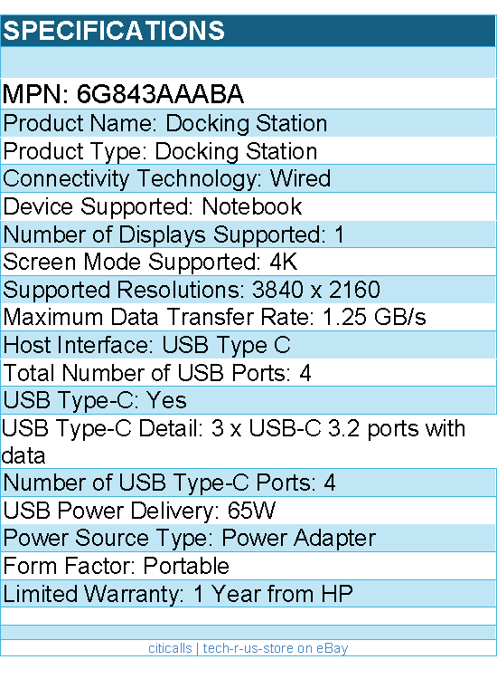 HP 6G843AA#ABA Docking Station - for Notebook - USB Type C -  65W
