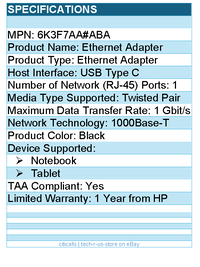 HP 6K3F7AA#ABA Ethernet Adapter - USB Type C - 1 Gbit/s Data Transfer Rate