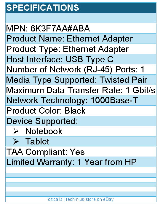 HP 6K3F7AA#ABA Ethernet Adapter - USB Type C - 1 Gbit/s Data Transfer Rate