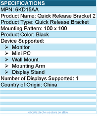 HP 6KD15AA Quick Release Bracket for Monitor, Mini PC, Display Stand - Black