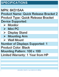 HP 6KD15AA Quick Release Bracket for Monitor, Mini PC, Display Stand