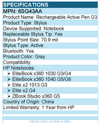 HP 6SG43AA Rechargeable Active Pen G3 - Replaceable Stylus Tip - Gray