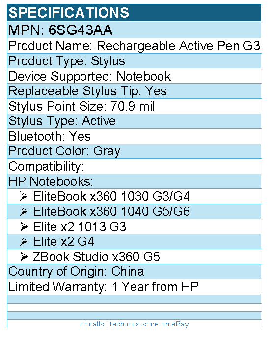 HP 6SG43AA Rechargeable Active Pen G3 - Replaceable Stylus Tip - Gray