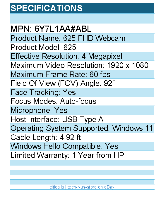 HP 6Y7L1AA#ABL 625 Webcam - 4 Megapixel - 60 fps - USB Type A