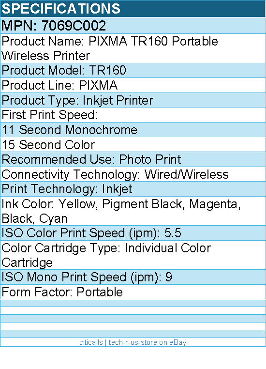 Canon 7069C002 PIXMA TR160 Portable Wired/Wireless Inkjet Printer - Color