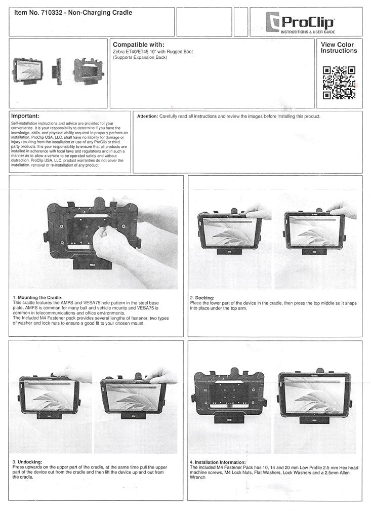 ProClip USA 710332 Non-Charging Cradle Zebra ET40/ET45 10" (with Rugged Boot)