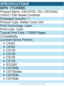 Lexmark 71C0W00 CS/CX730, 735, C/XC4342, C4352 170K Waste Container