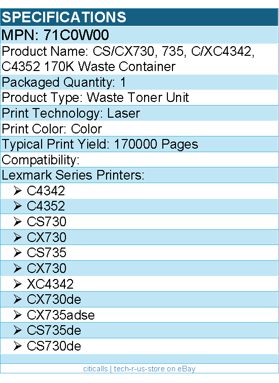 Lexmark 71C0W00 CS/CX730, 735, C/XC4342, C4352 170K Waste Container