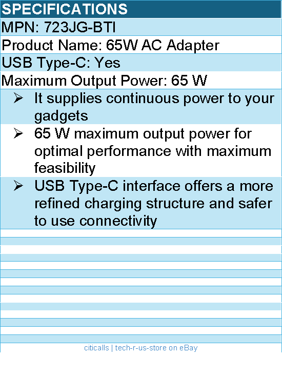 BTI 723JG-BTI 65W TYPE-C AC ADAPTER - Compatible OEM: 723JG