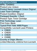 Lexmark 72K00KG Unison Original Laser Toner Cartridge - Black - 1 Each