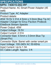 HPI 740015-002-RF AC Smart Power Adapter (45 watt) - 19.5V - 2.31A