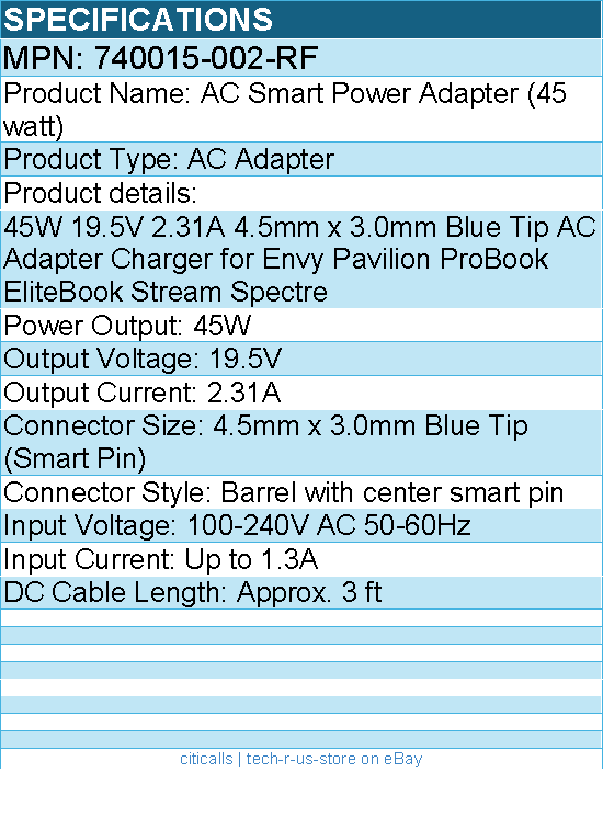 HPI 740015-002-RF AC Smart Power Adapter (45 watt) - 19.5V - 2.31A