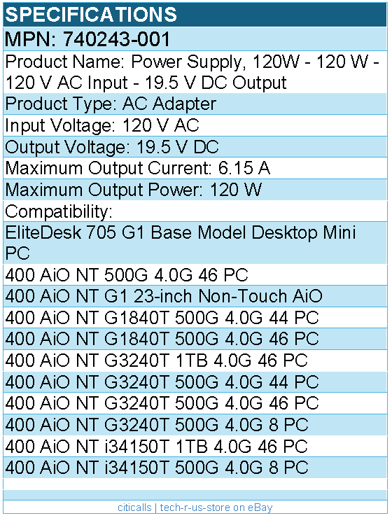 HPI 740243-001 Power Supply, 120W - 120 W - 120 V AC Input - 19.5 V DC Output