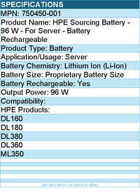 HPE 750450-001 Sourcing Battery - 96 W - For Server - Battery Rechargeable