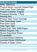 Lexmark 75M1HC0 Original High Yield Laser Toner Cartridge - Cyan