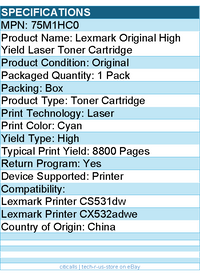 Lexmark 75M1HC0 Original High Yield Laser Toner Cartridge - Cyan