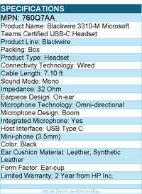 HP Poly 760Q7AA Blackwire Microsoft Teams Certified Headset +USB-C/A Adapter TAA